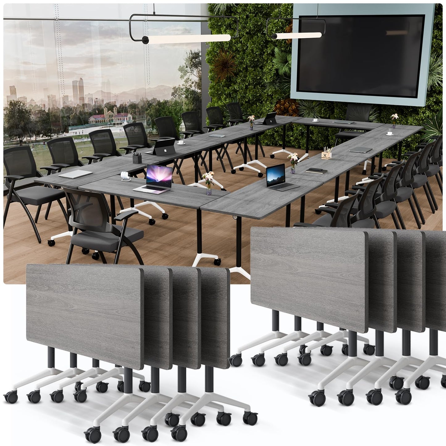 JNMDLAKO Modular Folding Conference Table with Locking Wheels, 10 Pack Flip Top Mobile Training Table, Modern Meeting Seminar Tables for Office, Hotel Conference Room(10,Grey,47" L x 23" W x 29" H)