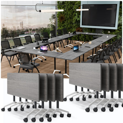 JNMDLAKO Modular Folding Conference Table with Locking Wheels, 10 Pack Flip Top Mobile Training Table, Modern Meeting Seminar Tables for Office, Hotel Conference Room(10,Grey,47" L x 23" W x 29" H)