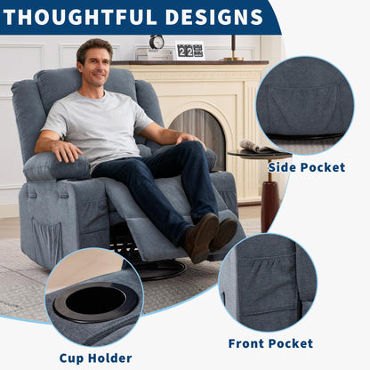 Rocking Recliner Chair for Adults Wide 360° Swivel Rocker Recliner with Cup Holder Nursery Glider with Upholstered Deep Seat Linen Lazy boy Chair for Living Room Blue