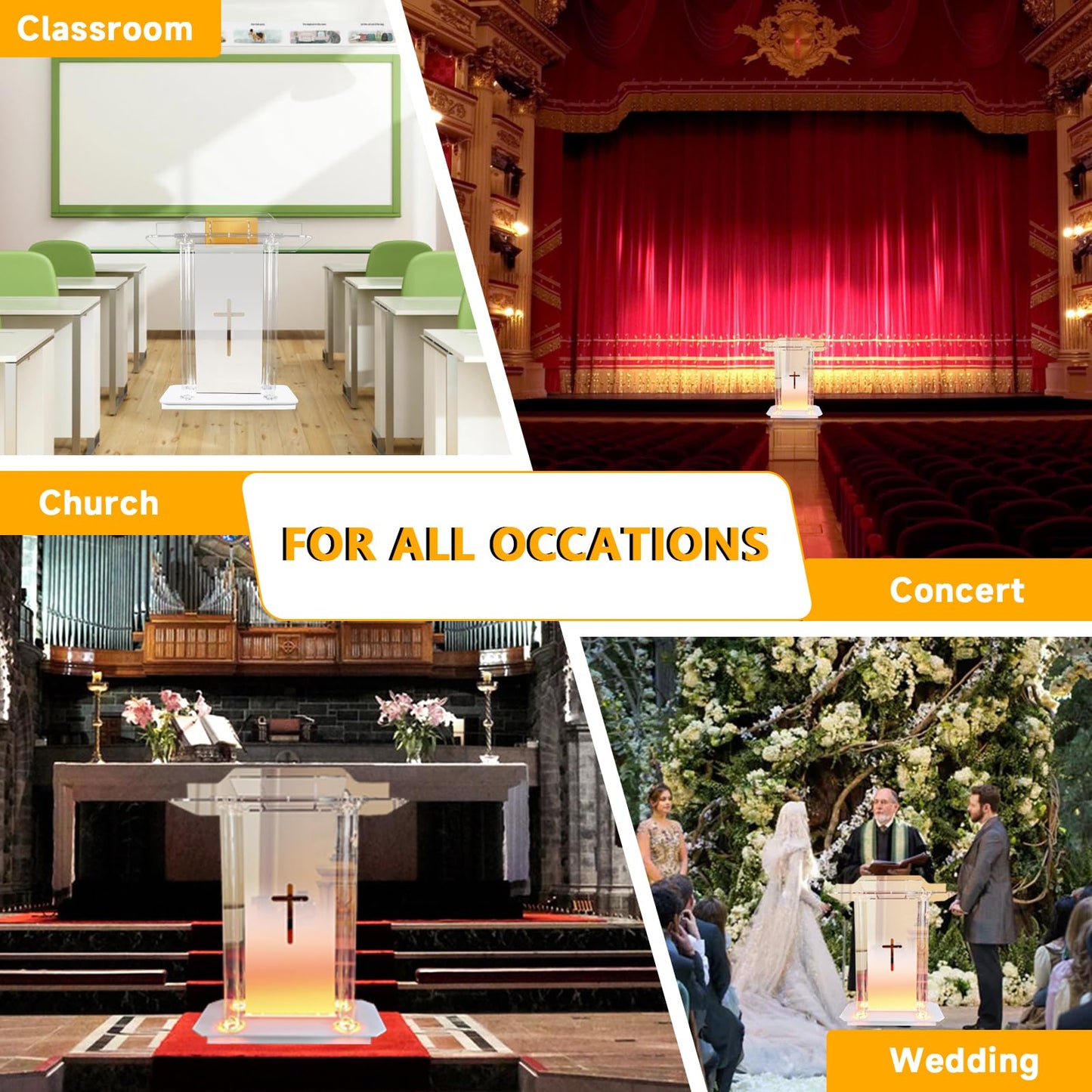 Church Pulpit with 15 Colors Adjustable and 4 Flashing Models, 46” Clear Acrylic Podium with 4 Wheels & Vertical Reading Platform, Lecterns for Churches, Classroom (39.4”L*15.7”W *44”H)
