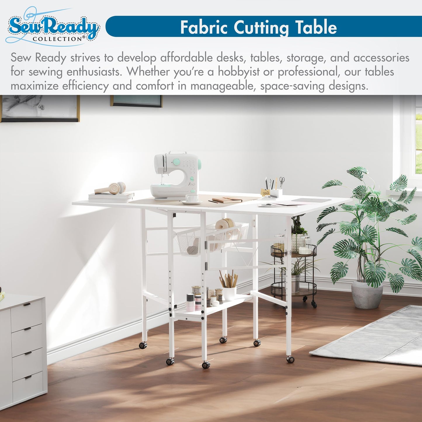 Sew Ready Folding Sewing Craft Table with Storage, Adjustable Height Cutting Desk with Drawers and Wheels for Quilting, Fabric, and Hobby Room, White