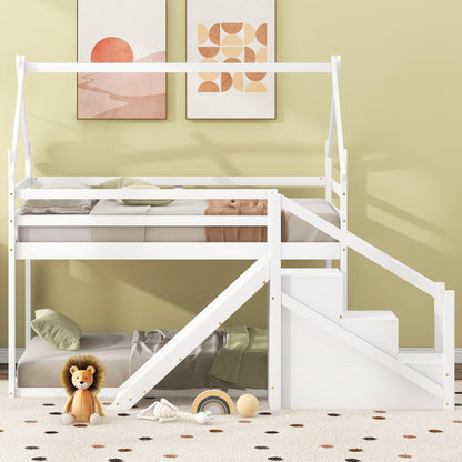 Merax Twin Over Twin Bunk Bed with Full-Length Guardrails for Teens, Boys, Girls, Wooden House Bed Frame & Slide and Storage Stairs for Children's Room, Bedroom, No Box Spring Needed, White