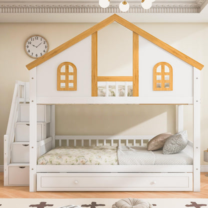 Merax Full Over Full Wooden Bunk Bed with Trundle and Storage Staircase, Full Size House Bunk Bed Frame with Window Door Guardrails for Teens, Boys, Girls Bedroom, White+Natural
