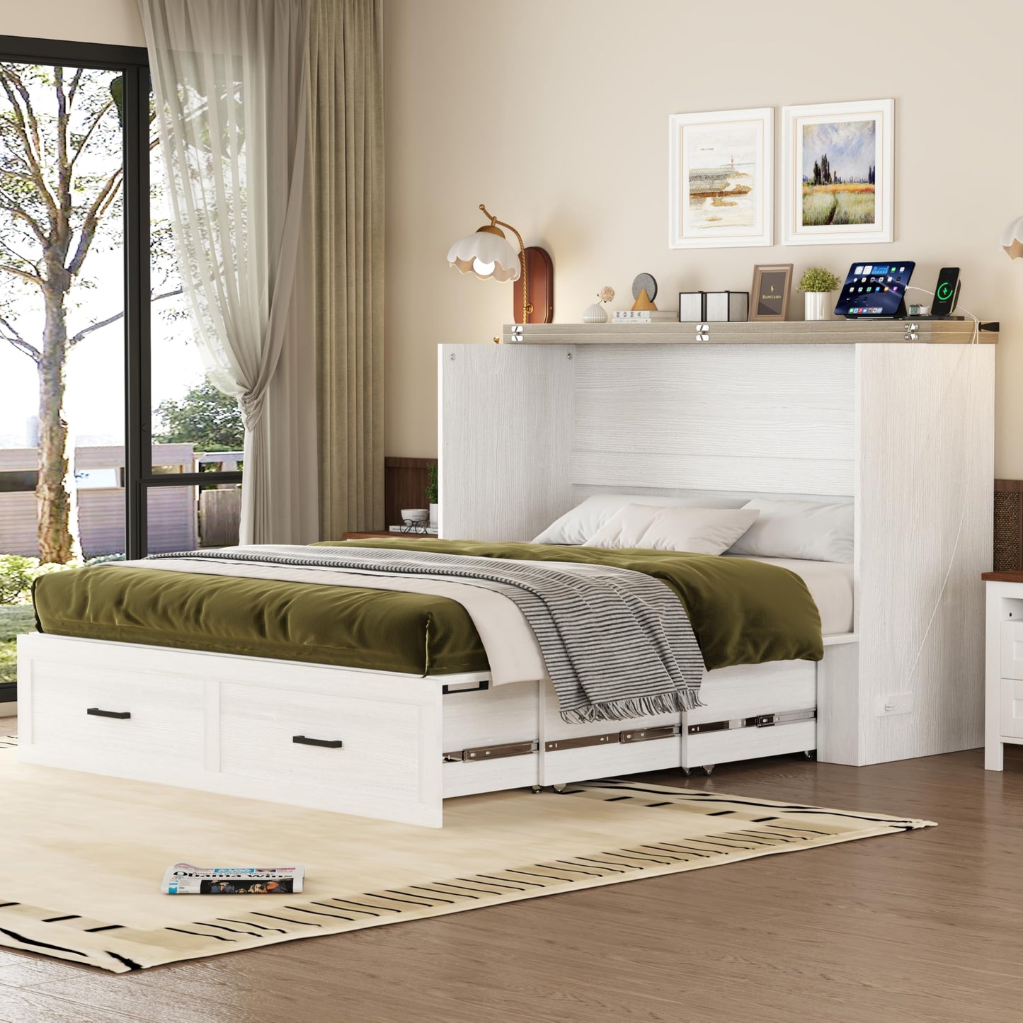 Merax Modern Farmhouse Solid Wood Murphy Cabinet Bed with Charging Station, Foldable Wall Platform Bed with Storage Drawer/No Box Spring Needed/Easy Assemble/Full, White