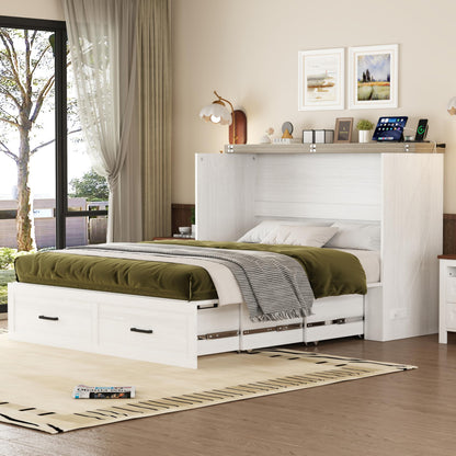 Merax Modern Farmhouse Solid Wood Murphy Cabinet Bed with Charging Station, Foldable Wall Platform Bed with Storage Drawer/No Box Spring Needed/Easy Assemble/Full, White
