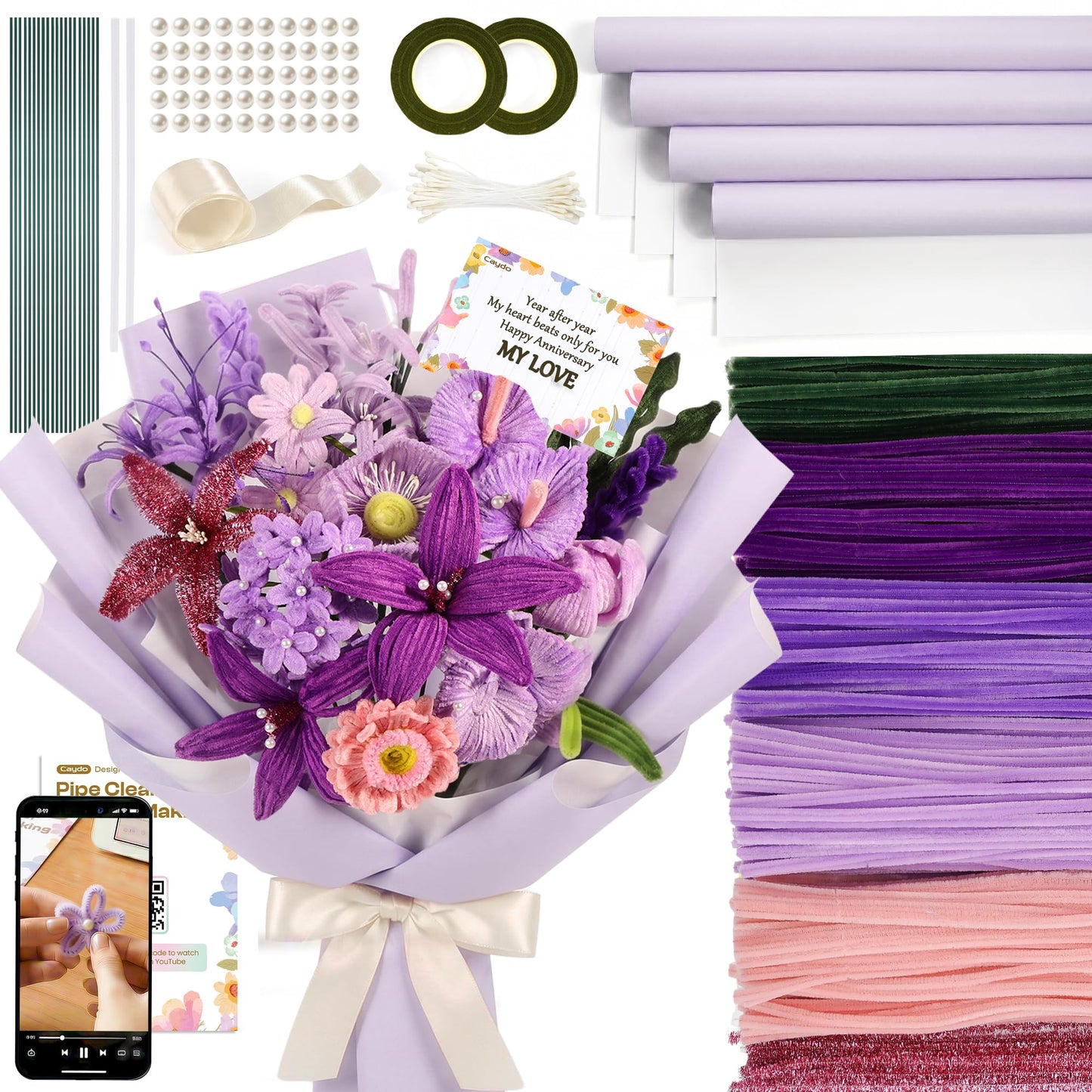 Caydo 700PCS Pipe Cleaner Flower Kit, Purple Craft Chenille Stems Bulk with Floral Wires, Ribbons, Tapes, Stamens, Glue Sticks for Making Pipe Cleaner Bouquets