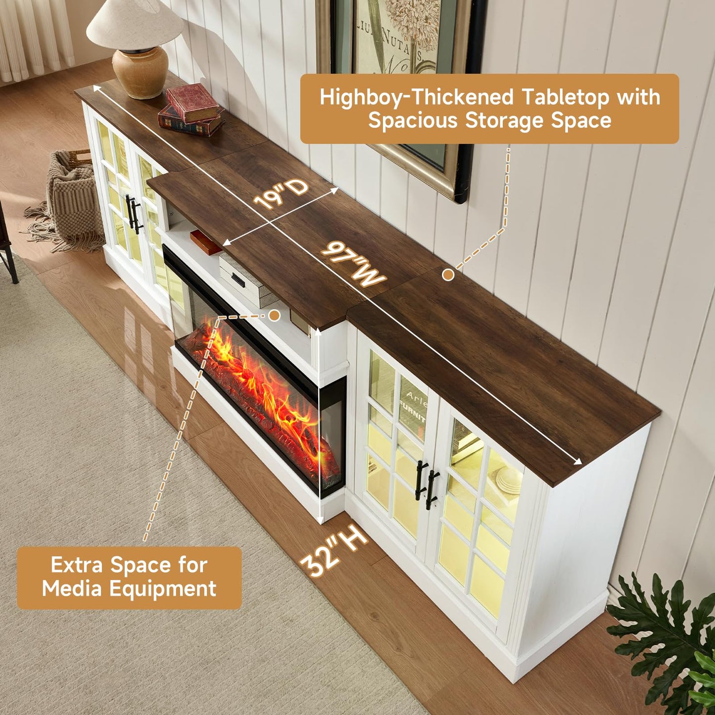 ROCKPOINT 97" Farmhouse Fireplace TV Stand with 3 Sided Glass 36" Electric Fireplace Heater for TVs up to 100", Media Entertainment Center with Adjustable Shelves and Large Storage Cabinets,White