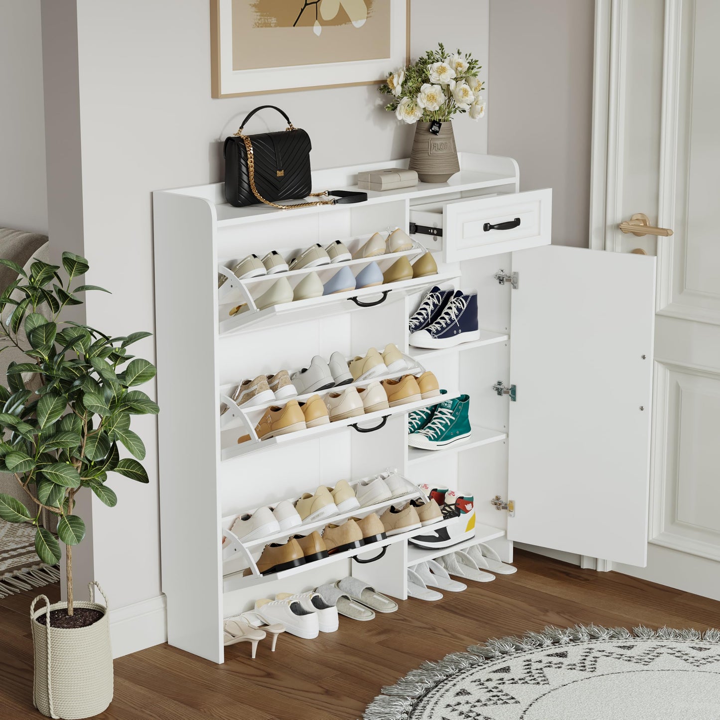 Ball & Cast Shoe Storage Cabinet with 3 Flip Drawers & 1 Drawer, Freestanding Hidden Shoe Organizer with Legs for Entryway, Narrow Shoe Rack Cabinet for Living Room,White