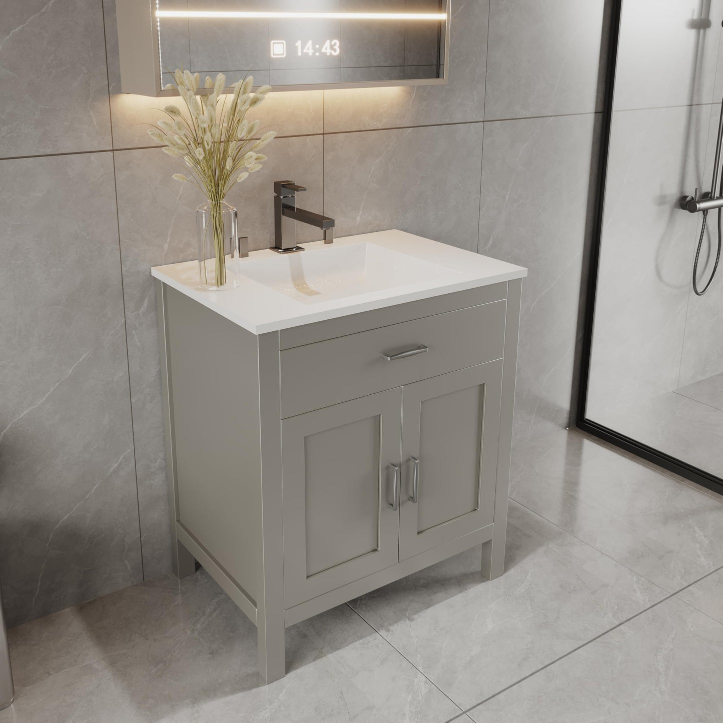 24" Light Grey Bathroom Vanity Base Only – Freestanding Solid Wood Sink Cabinet with Tip-Out Drawer, Shaker Style Storage, No Top or Sink, 24" W x 21" D x 34.5" H