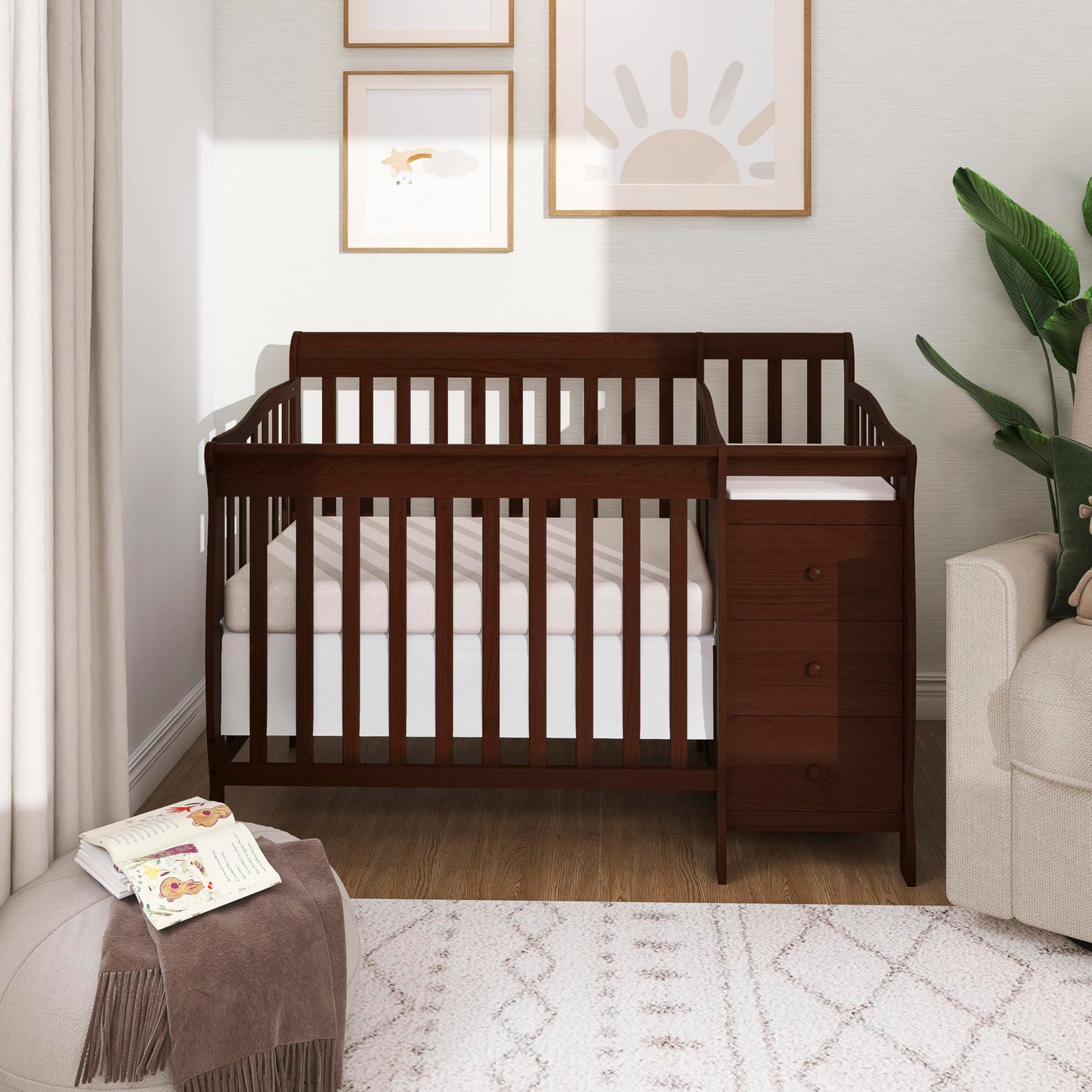 Dream On Me Jayden 4‑in‑1 Mini Convertible Baby Crib & Changer with Storage in Espresso, Pinewood, GreenGuard Gold & BSA, 1” Mattress Pad, 3 Mattress Heights, Converts to Mini Day & Twin-Size Bed