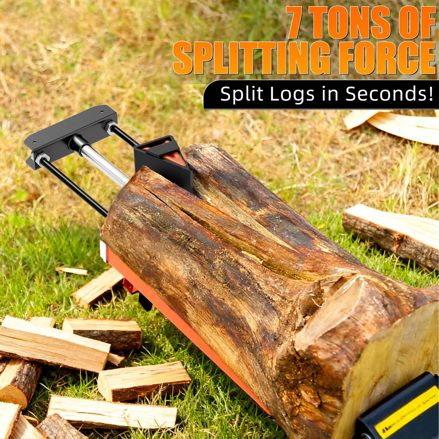 PPOLB 7 Ton Electric Wood Splitter, 15Amp Hydraulic Log Splitter with Detachable Cross Blade Cutting Head, Portable Firewood Splitter, Compact Horizontal Design for Backyard, Garage, Cabin - Orange