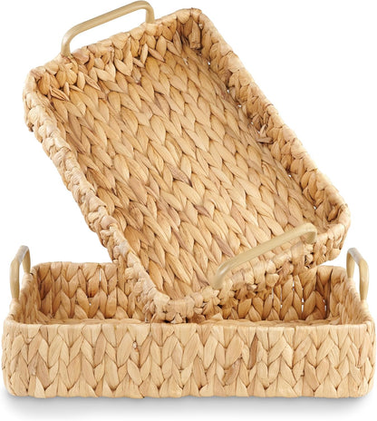 Set 2 of Rectangular Wicker Trays with Handles - Decorative Trays for Coffee Table, Ottoman, Dining Room, Living Room
