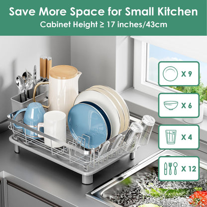 MOUKABAL Dish Drying Rack, Dish Rack, Stainless Steel Dish Racks for Kitchen Counter, Dish Drainer with Removable Utensil Holder, Drainboard (Grey,Stainless Steel,13''W x 17''L)
