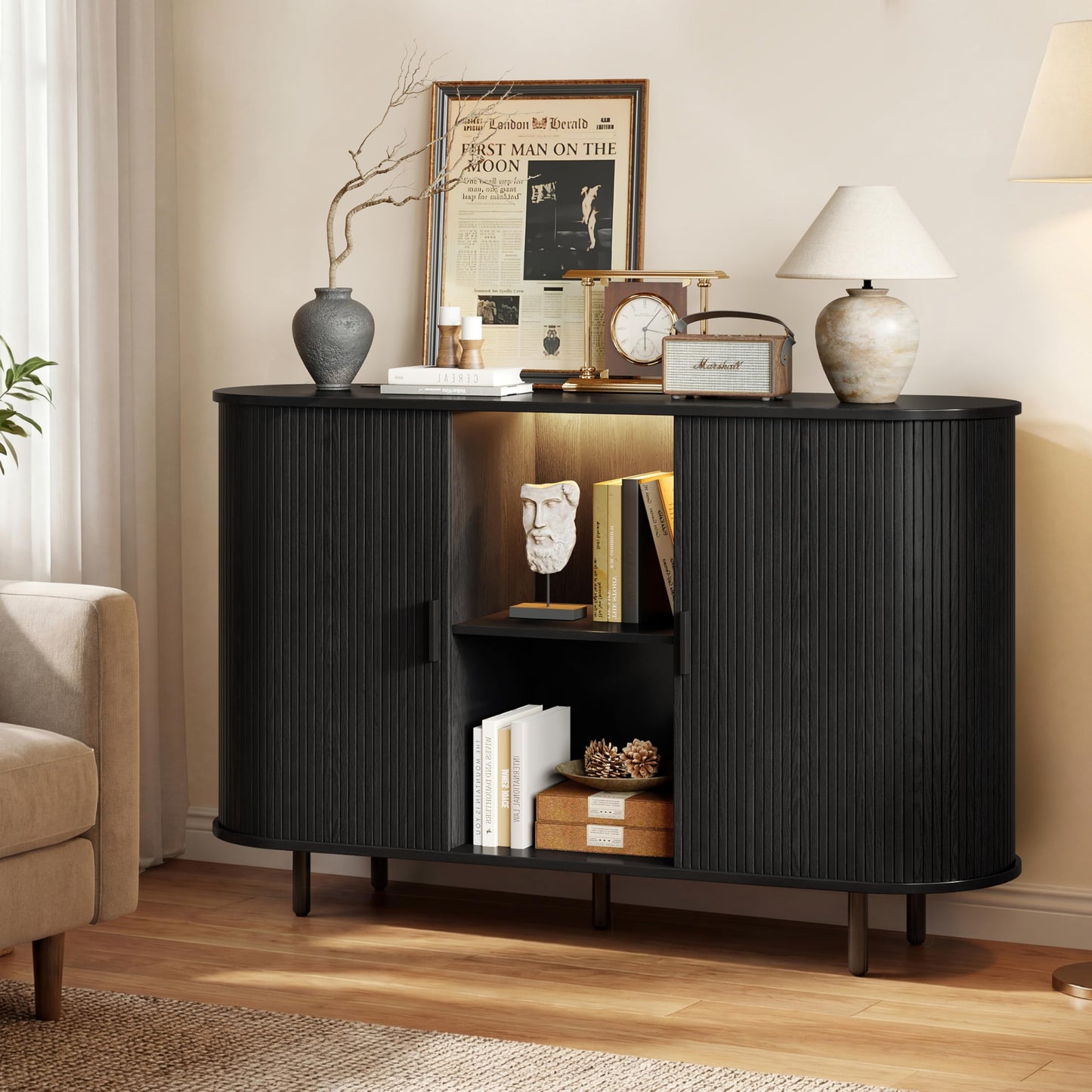 55" Wine Cabinet, Fluted Coffee Bar Cabinet with LED Light, Modern Liquor Coffee Station with Power Outlet, Wine Rack & Glass Holder, Sliding Door Buffet Sideboard Table for Home, Living Room, Black