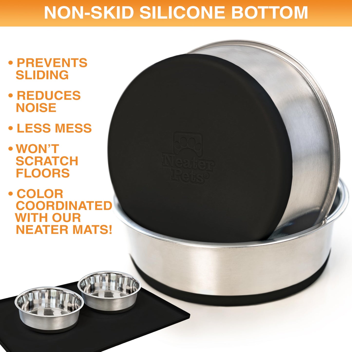 Neater Pet Brands Stainless Steel Dog Bowls with Non-Slip Rubber Bottom – 2 Cup (16 oz), Black - Set of 2 Heavy Duty Metal Dog Bowls, Dishwasher Safe, Food or Water Bowl, Ideal for Small Dogs & Cats