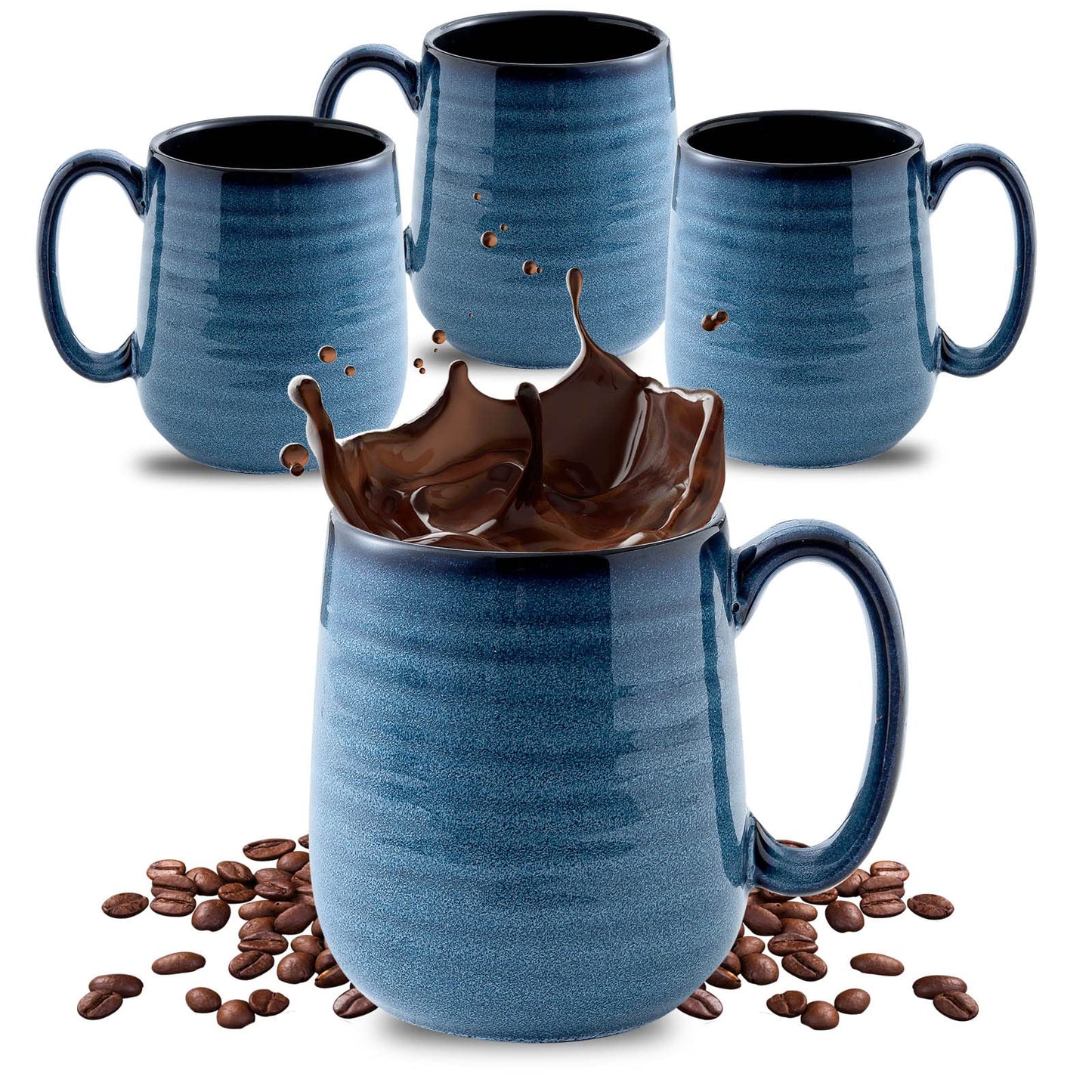 HASENSE Coffee Mugs Set of 4, 15 Ounce Porcelain Mug Set with Handle for Morning Coffee Tea and Cocoa, Ceramic Coffee Cups with Beautiful Glaze for Men, Women, Navy