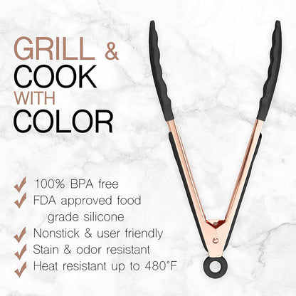 COOK WITH COLOR Stainless Steel Silicone Tipped Kitchen Food BBQ Tongs Set of Two, 9” and 12” for Non-Stick Cookware,