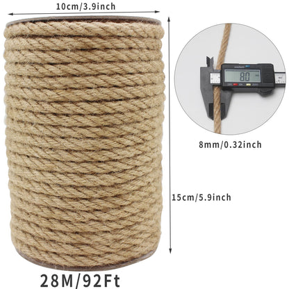 PQZKLDP Heavy-Duty Jute Rope 8mm 91Ft Natural Strong Hemp Cord Twine, Brown Decoration Hemp Rope String for Artworks, Cat Scratcher, Gardening, Bundling, Home Decorating PQ202