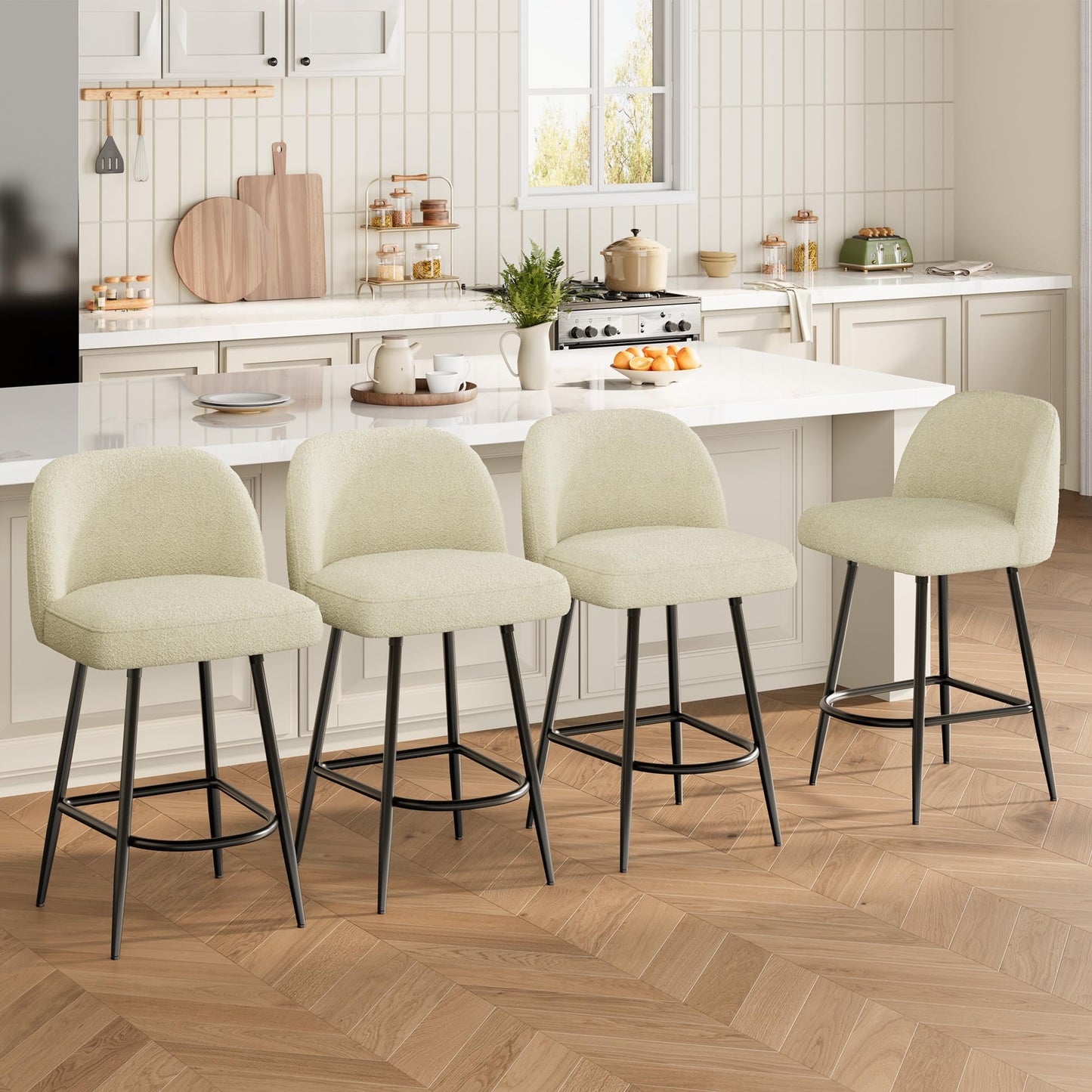 IDEALHOUSE Counter Height Bar Stools Set of 4, 26" Modern Upholstered Barstools with Backs and Metal Legs, Faux Sherpa High Chairs with Arc Metal Footrest for Kitchen Island, Beige