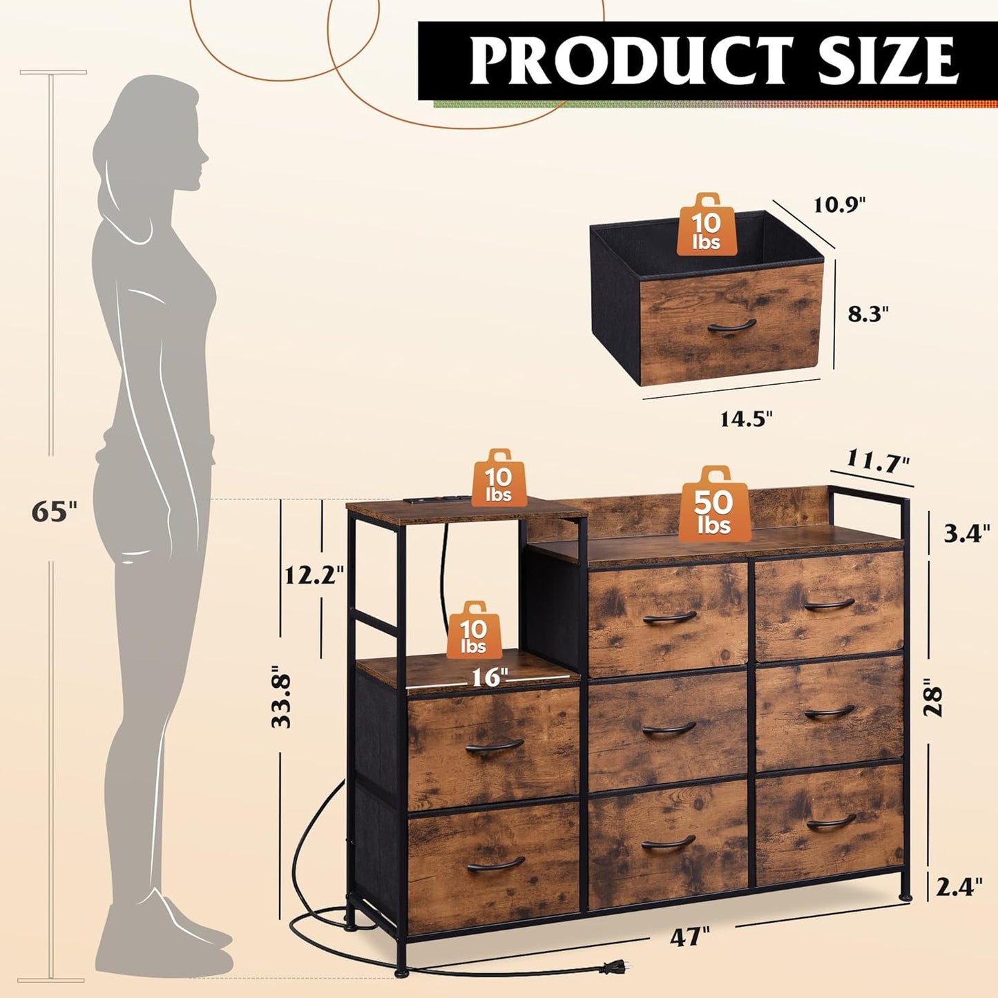 8 WLIVE TV Stand Dresser with Charging Station, Entertainment Center with Fabric Drawer, TV Media Console Table,Open