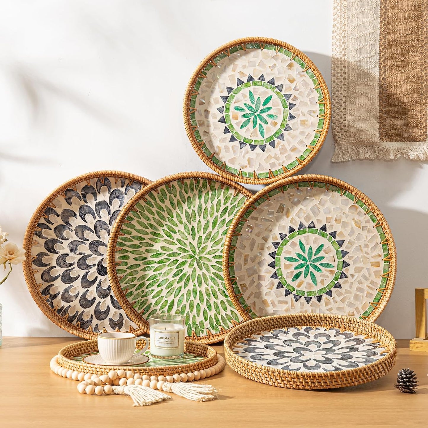 12'' Round Rattan Tray Home Decor, Wicker Serving Tray with Mother of Pearl Inlay, Boho Decorative Tray for Coffee