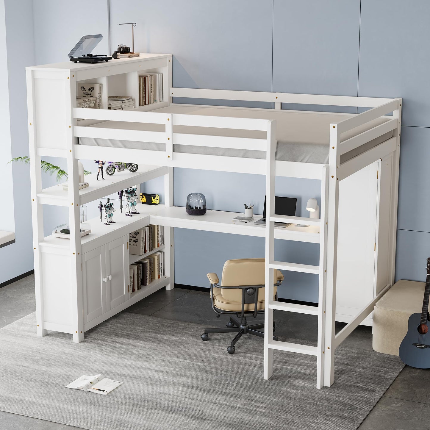 Bellemave Solid Wood Queen Size Loft Bed with Desk and Wardrobe,Loft Bed Frame with Storage Shelves and Bookcase for Kids,Teens,Adults,Queen Size,Space Saving,White
