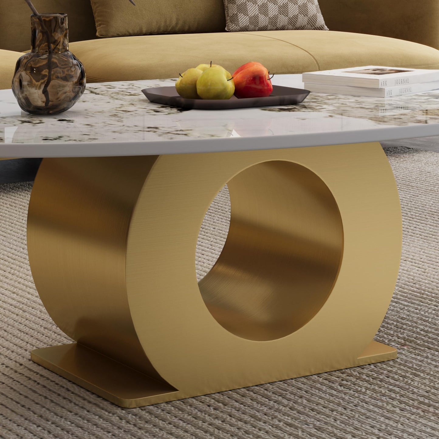 KEIKI 49.2" Modern Sintered Stone Coffee Table with Faux Marble Top & Stainless Steel O-Shaped Base, 15.6" Low Profile Industrial Center Table for Living Room, Contemporary Accent Table, White Gold