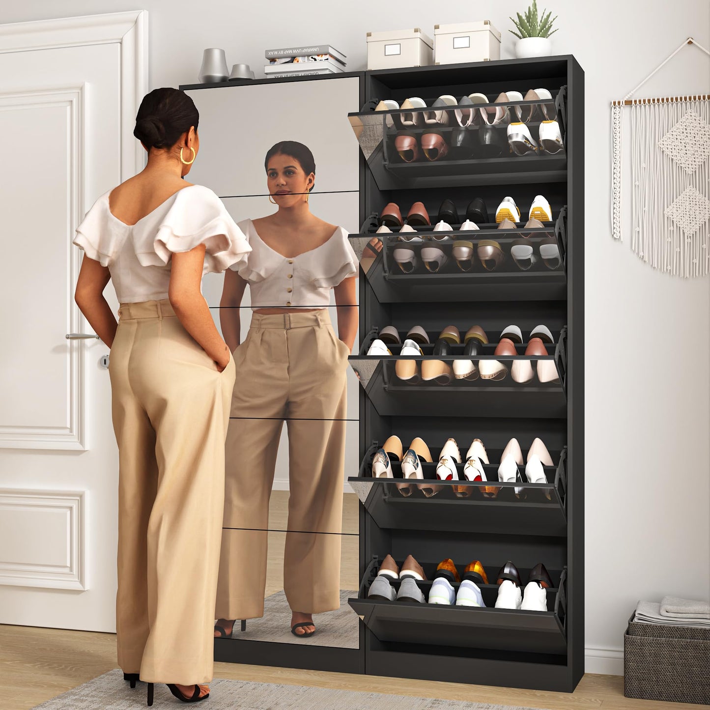 Organizedlife Shoe Storage Cabinet with Full Length Mirror, 30 Pairs & 5 Flip Drawer, Free Standing Shoe Rack Cabinet, Narrow Shoes Organizer for Front Door, Entryway (2-Shelf of Drawers, Black)