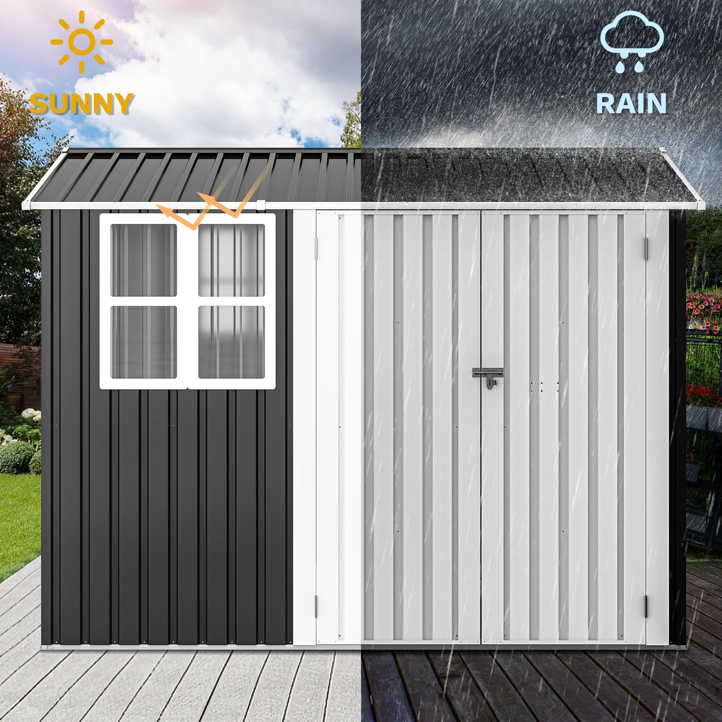 DWVO 8x6ft Metal Outdoor Storage Shed with Window, Lockable Tool Storage Sheds, Oversized Steel Garden Sheds with Sloped Roof for Backyard, Patio, Garage, Lawn (Gray + White)