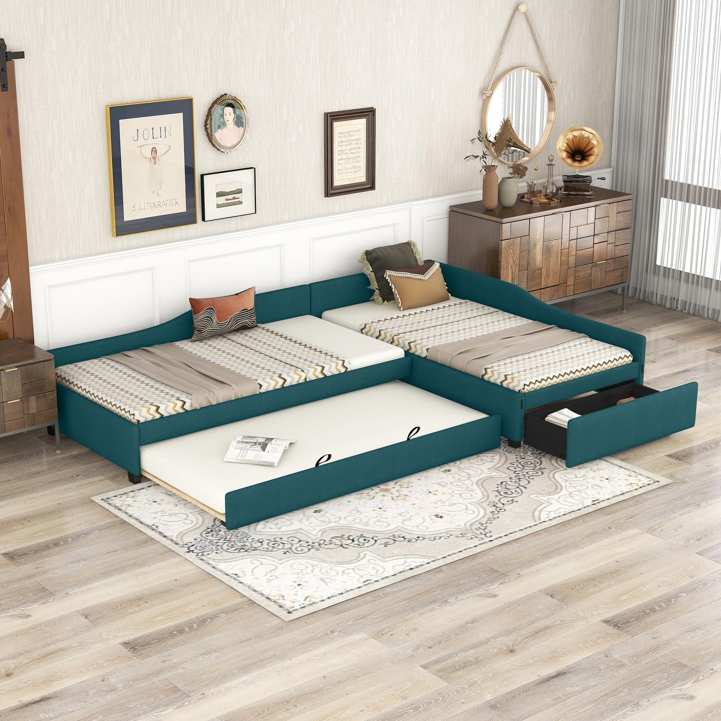 Merax Double Twin Size Upholstered Daybed with Trundle and Storage Drawer, Green Wood Bed Frame for Teens