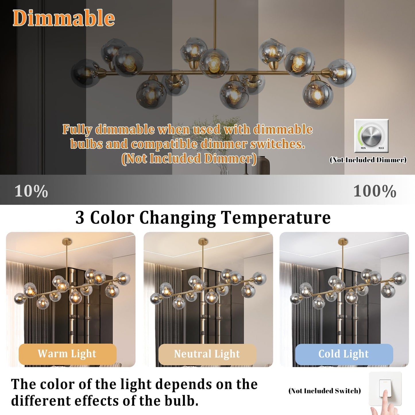 Lzawvm Linear Chandeliers Dining Room Gold Sputnik Chandelier 13-Lights Modern Glass Globe Chandelier 59 Inch 13 Lights Linear Dining Room Light Fixture