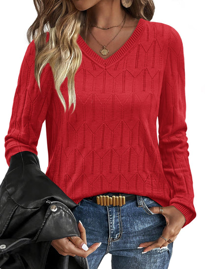 OFEEFAN Womens Sweaters Long Sleeve Shirts Fall Outfits 2025 V Neck Soft Knit Pullover Trendy Tops Dressy Casual Blouses