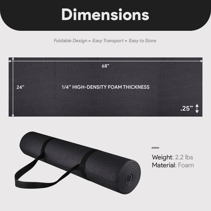 Fitvids All-Purpose 1/4-Inch High Density Anti-Tear Exercise Yoga Mat with Carrying Strap, Black