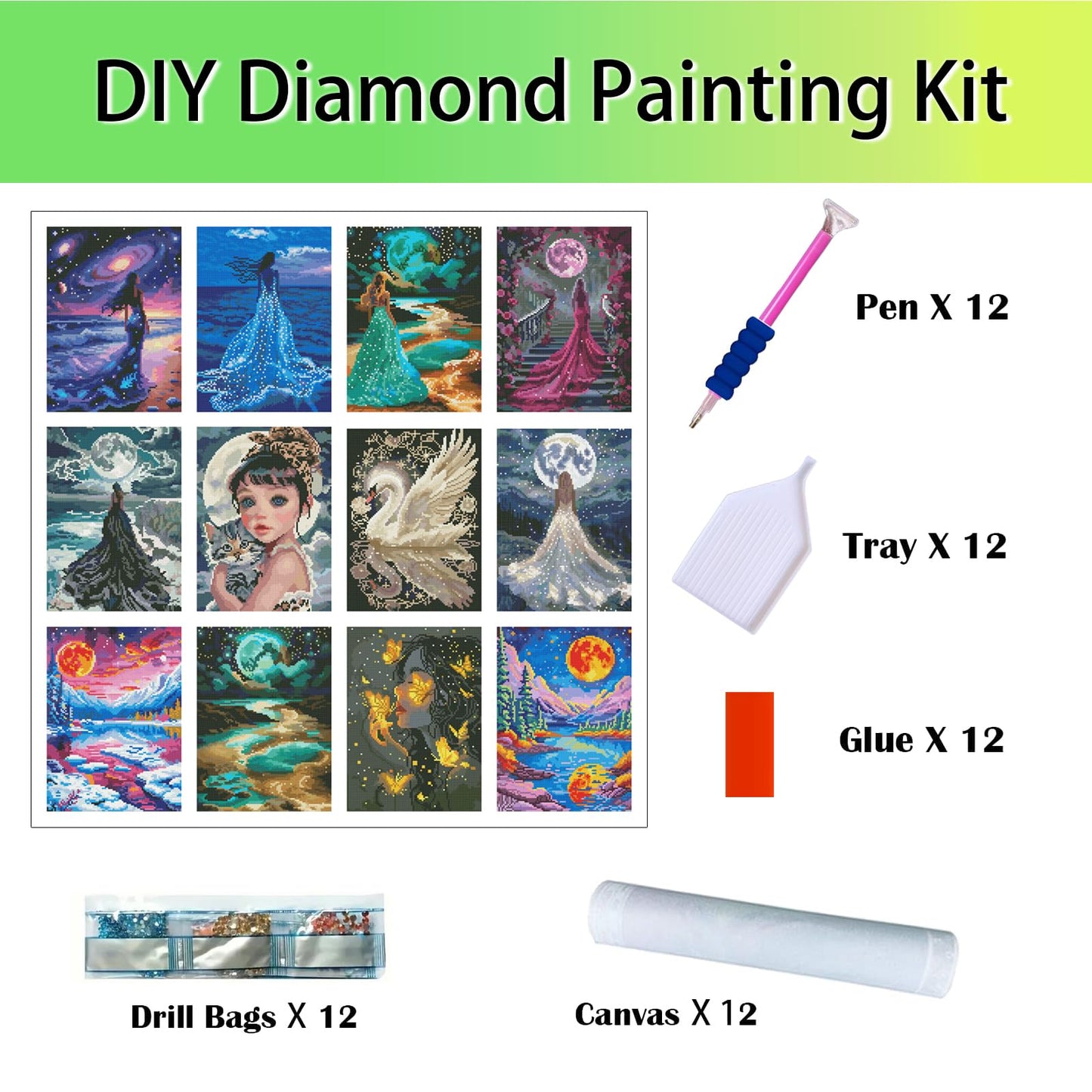 Zha Qiyong Diamond Art Painting Kits for Adults，Round Full Drill Diamond Dots Paintings for Beginners, 5D Diamonds Pictures Gem Art Painting DIY Crafts Kits 12x16inch（12 Pack）