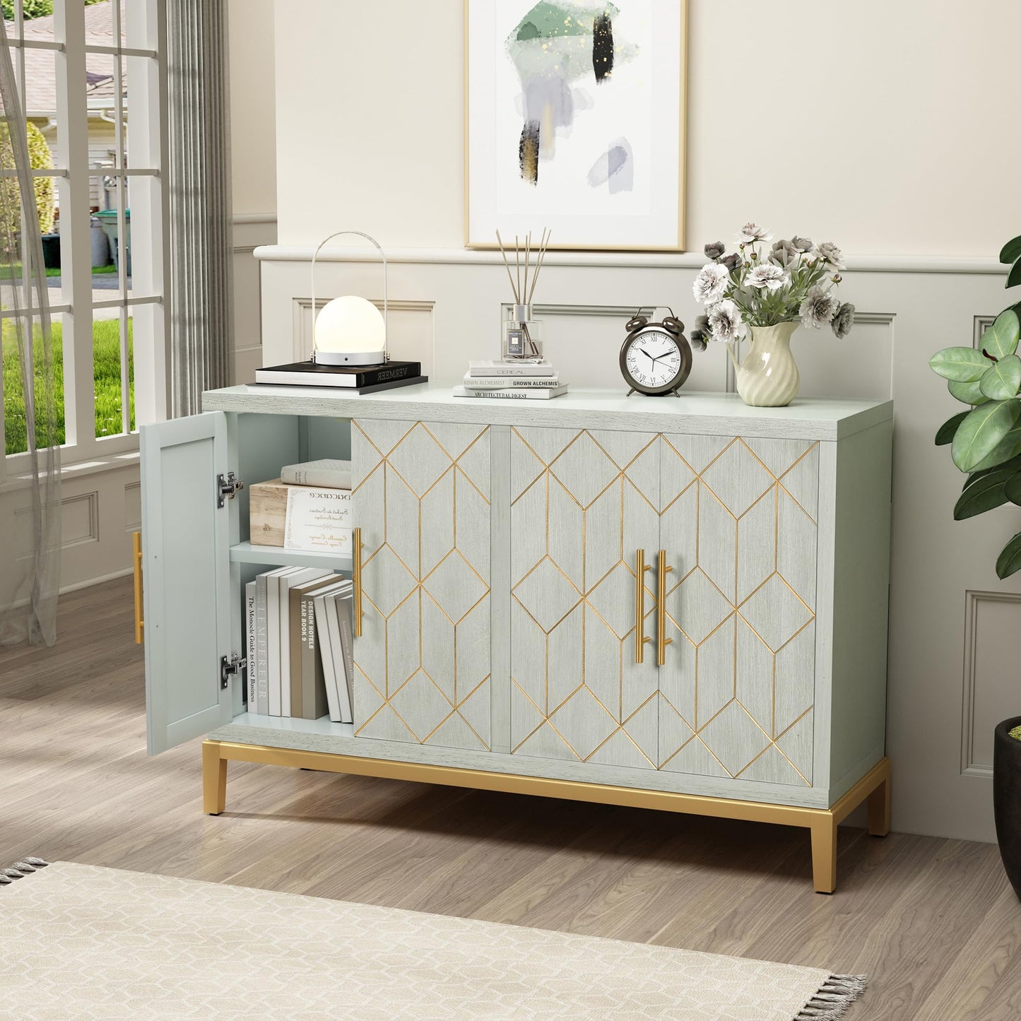 ARTPOWER Accent Cabinet with 4 Doors, Modern Credenza Storage Cabinet, Carved Decorative Buffet Sideboard for Living Room, Kitchen, Office, and Hallway, Green