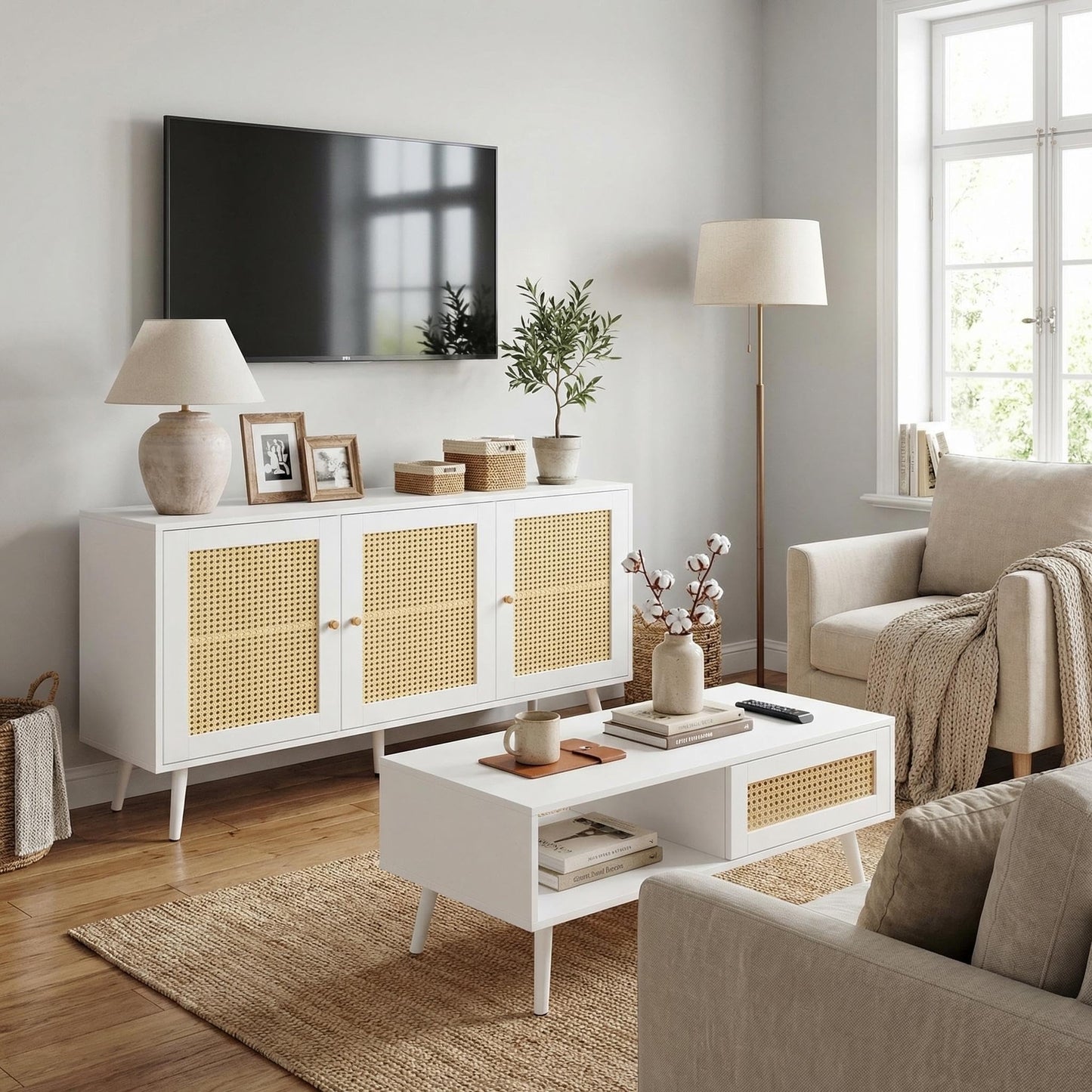IDEALHOUSE Living Room Table Sets of 2, Includes 47" Rattan TV Stand Storage Cabinet for 55" TV, Farmhouse Coffee Table with Storage Shelf for Bedroom