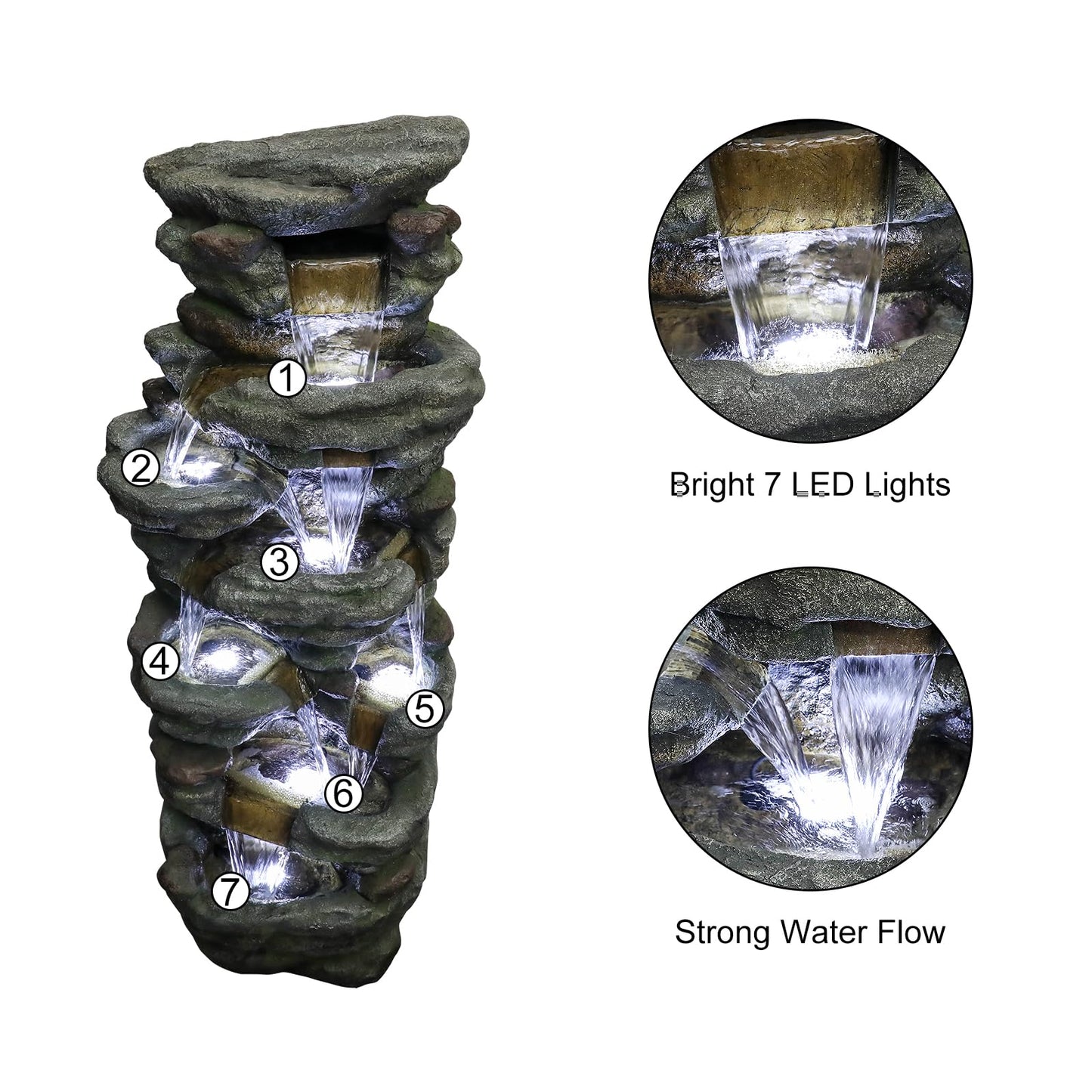 Naturefalls 51" Extra Large Outdoor Water Fountain - Waterfall Fountain with 7 LED Lights, 7-Tiers Cascading, Poly-Resin Indoor and Outdoor Fountain for Garden, Patio, Backyard, Lawn, Yard Decor