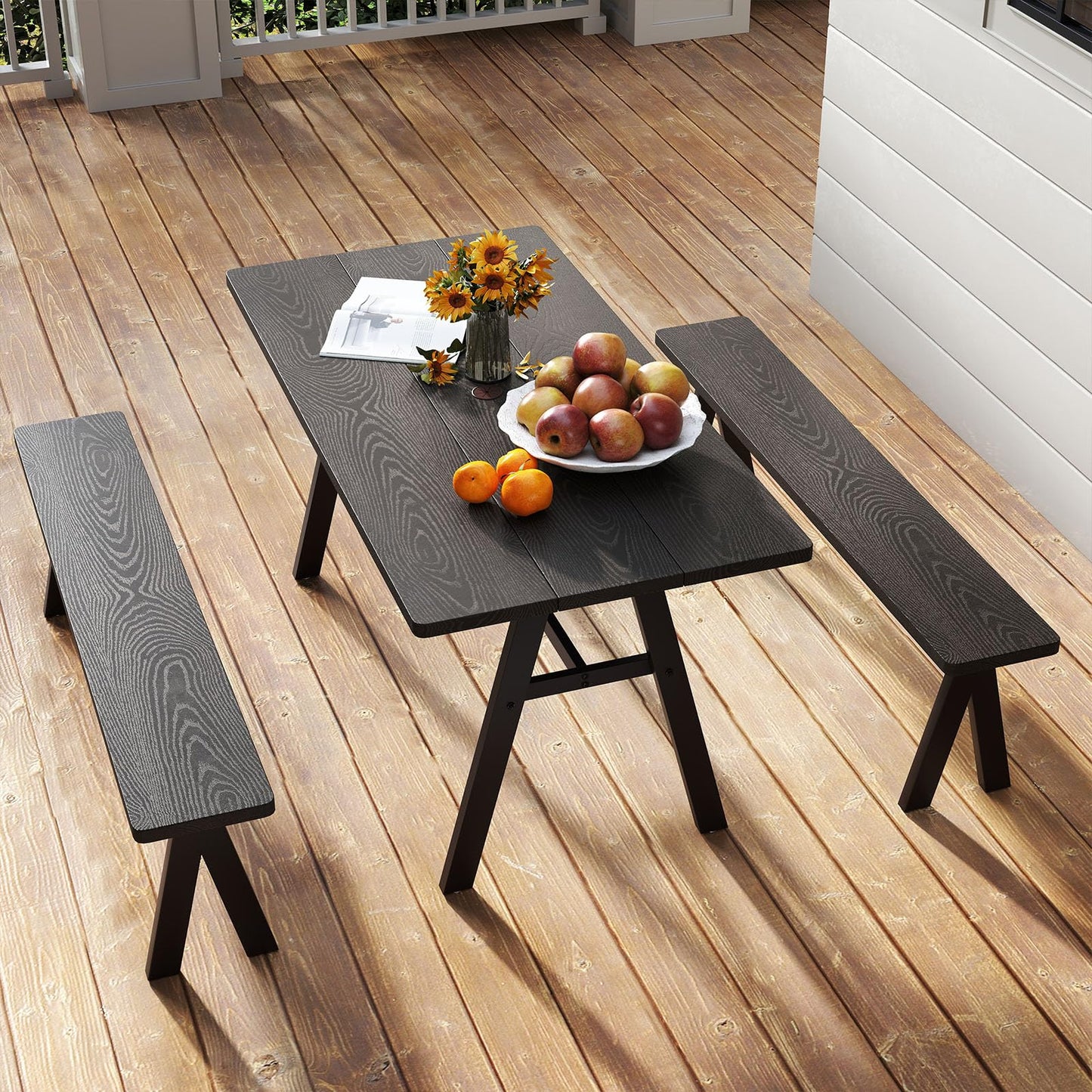 Giantex 3-Pieces Outdoor Picnic Table Set for 6 People, Rustproof Patio Dining Furniture Set with 1.93" Umbrella Hole, 800lbs Capacity Bench, 59" Camping Table for Porch Deck Yard Garden Lawn