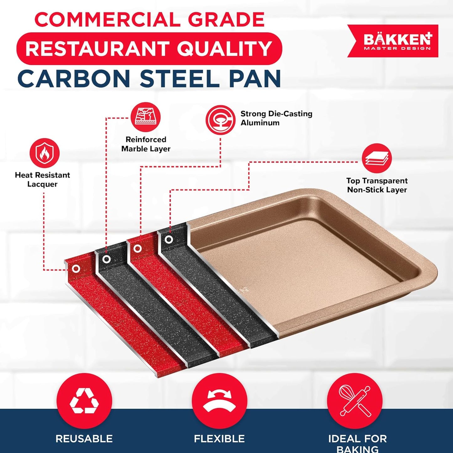 BAKKEN Nonstick Baking Pans - Commercial Grade Carbon Steel Cookie Sheet, 13.18" x 8.66", Oven Safe to 450°F, Brown