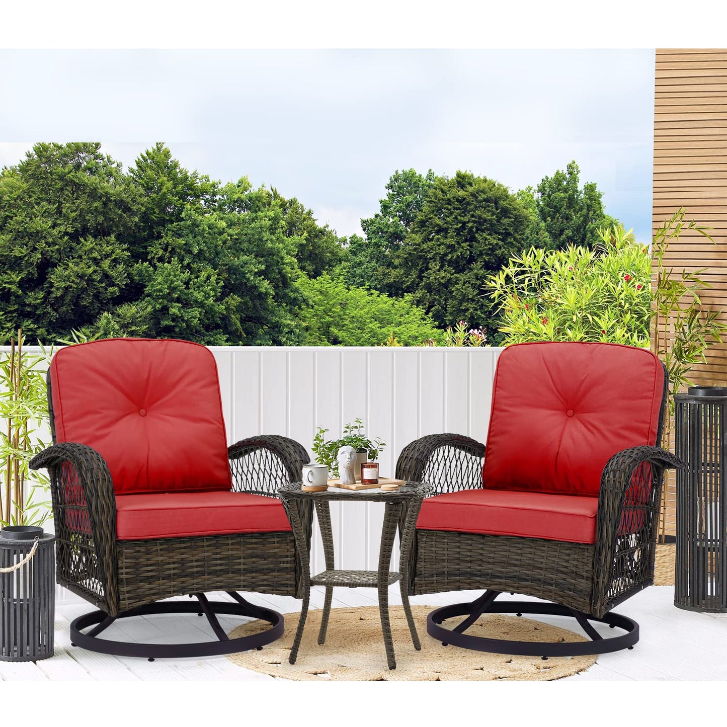 MELLCOM 3 Pieces Patio Furniture Set, Outdoor Swivel Rocker Patio Chairs, Wicker Patio Bistro Set with Rocking Chair, Thickened Cushions and Glass Coffee Table for Backyard, Garden, Wine Red