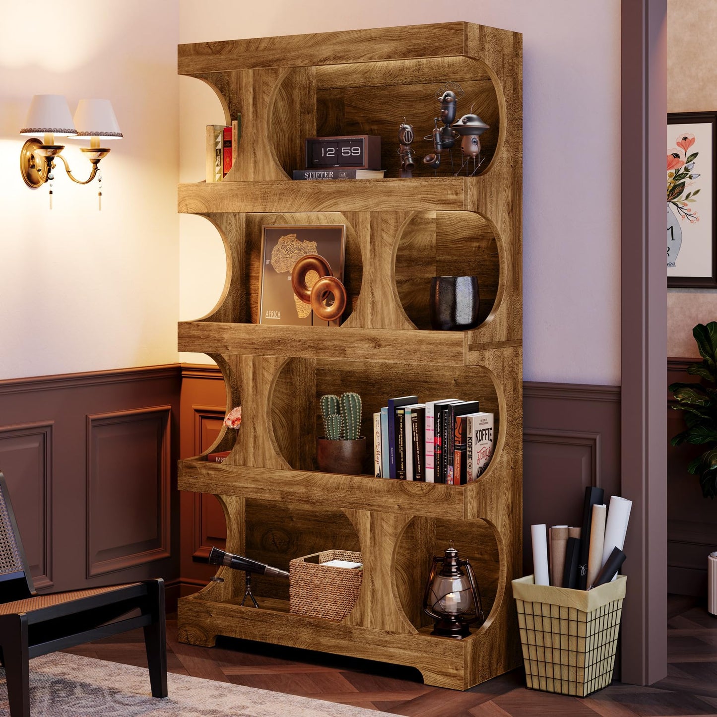 Tribesigns 71" Tall Bookcase, 4-Tier S-Shaped Bookshelf, Wood Decorative Storage Shelving, Modern Freestanding Display Shelves, Large Library Book Shelf Unit for Home Office Living Room Bedroom, Brown