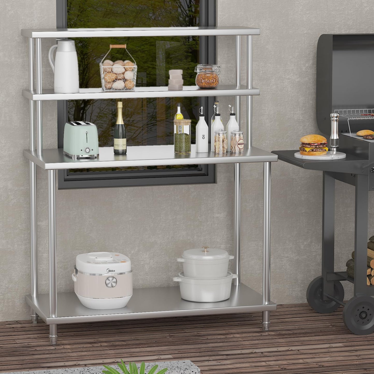 48"x24" Stainless Steel Work Table with 2-Tier Adjustable Overshelves, Commercial Prep Table for Kitchen, Restaurant, Garage, Laundry, Utility Room