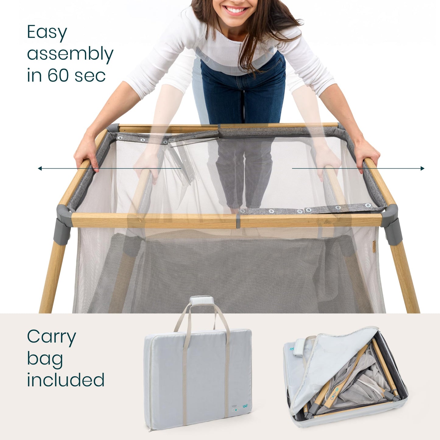 Tutti Bambini CoZee® Go 3-in-1 Foldable Baby Playpen, Portable Bassinet & Travel Crib | Playard with Mattress Included | Birth to 3 Years (Oak & Charcoal)