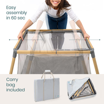 Tutti Bambini CoZee® Go 3-in-1 Foldable Baby Playpen, Portable Bassinet & Travel Crib | Playard with Mattress Included | Birth to 3 Years (Oak & Charcoal)