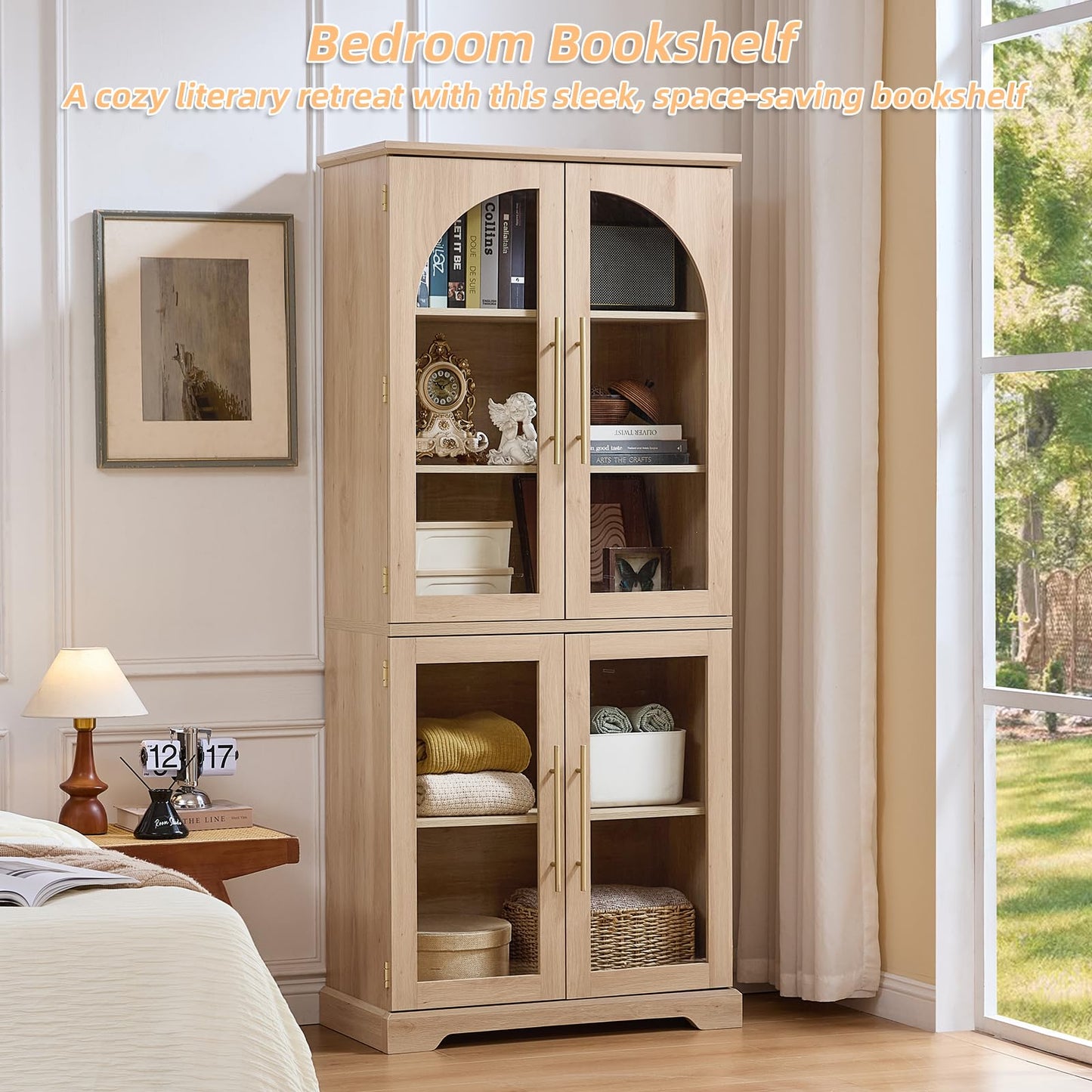Joaxswe 72" Tall Bookshelf Set of 2, Farmhouse Bookcase with 3-Tier Adjustable Shelves, Modern Living Room Display Cabinet with Glass Doors, Large Storage Cabinet for Home Office,Dining Room, Natural