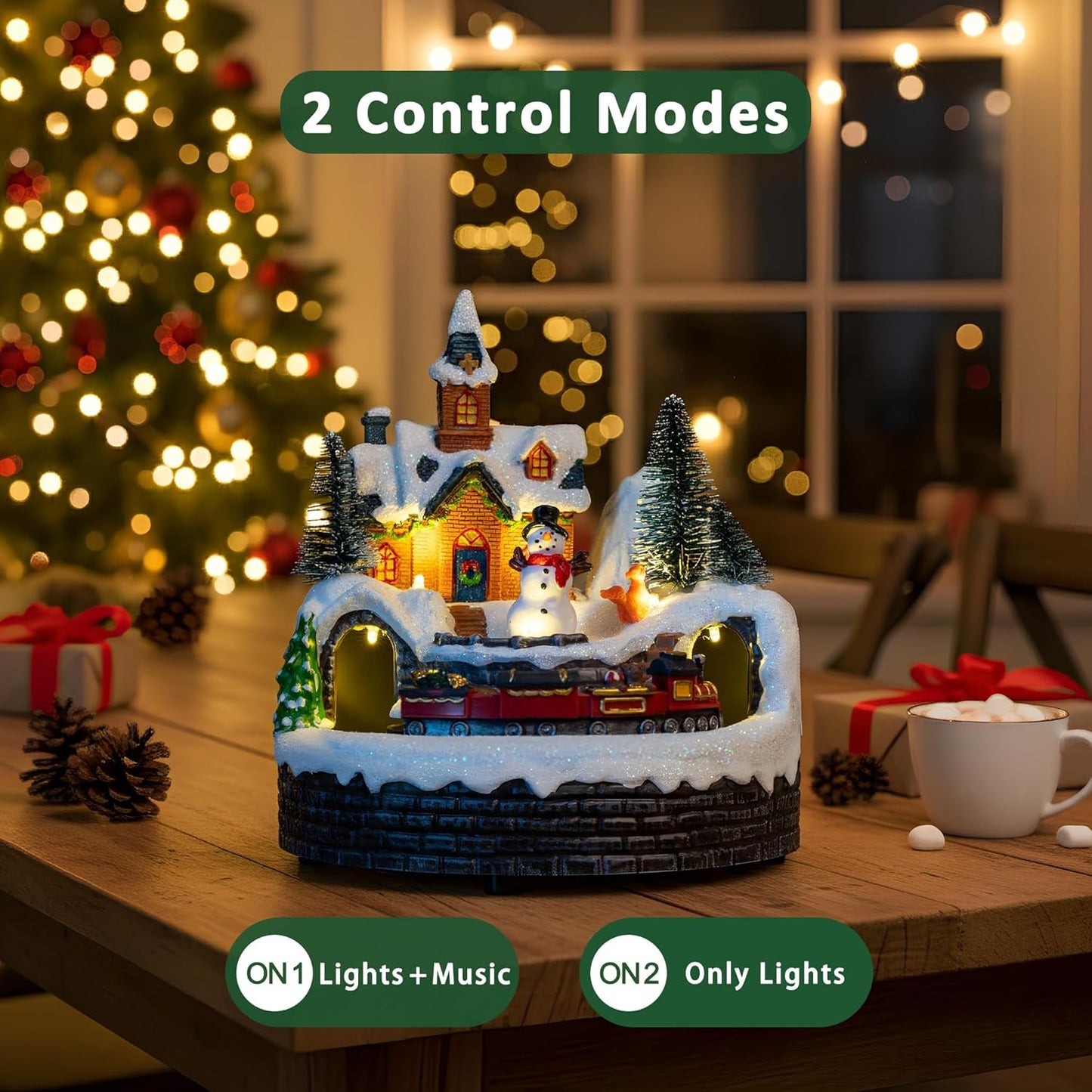 Skiennix Animated Musical Christmas Village Figurines - LED Lights & Rotating Train | Holiday Home Decor