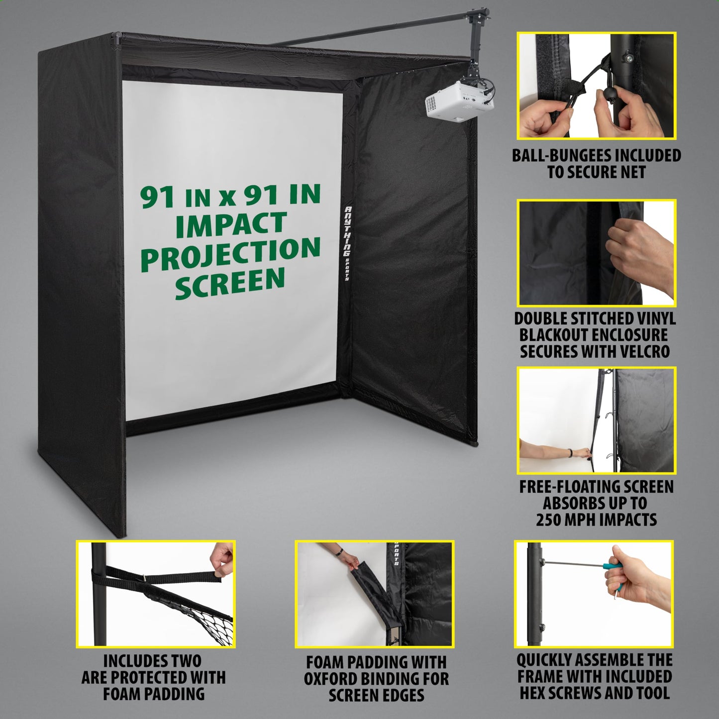 Complete Golf Simulator Enclosure Package – 4K-Ready Impact Screen with Blackout Cage, Projector Mount, Frame Poles, Side Shank Nets | Indoor & Garage Practice | Easy Setup | 12-Month Warranty