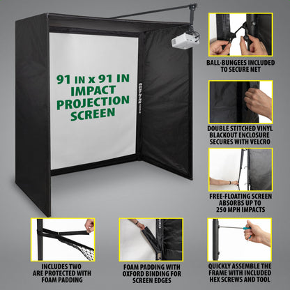 Complete Golf Simulator Enclosure Package – 4K-Ready Impact Screen with Blackout Cage, Projector Mount, Frame Poles, Side Shank Nets | Indoor & Garage Practice | Easy Setup | 12-Month Warranty