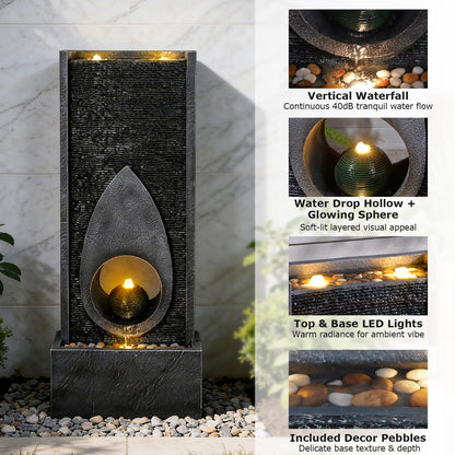 46.5’’Tall Modern Water Fountain Indoor Outdoor Waterfall Feature Floor Standing with Sphere and LED Lights for Garden, Yard, Patio, Deck, Porch, Livingroom Decor