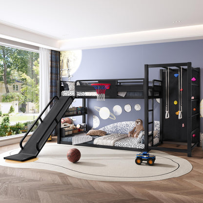 Bellemave Twin Size Bunk Bed with Basketball Hoop, Pull-up Rings and Climbing Wall, Twin Bunk Bed with Slide and Bookcase, Heavy Duty Bunk Beds with Guardrail, Black